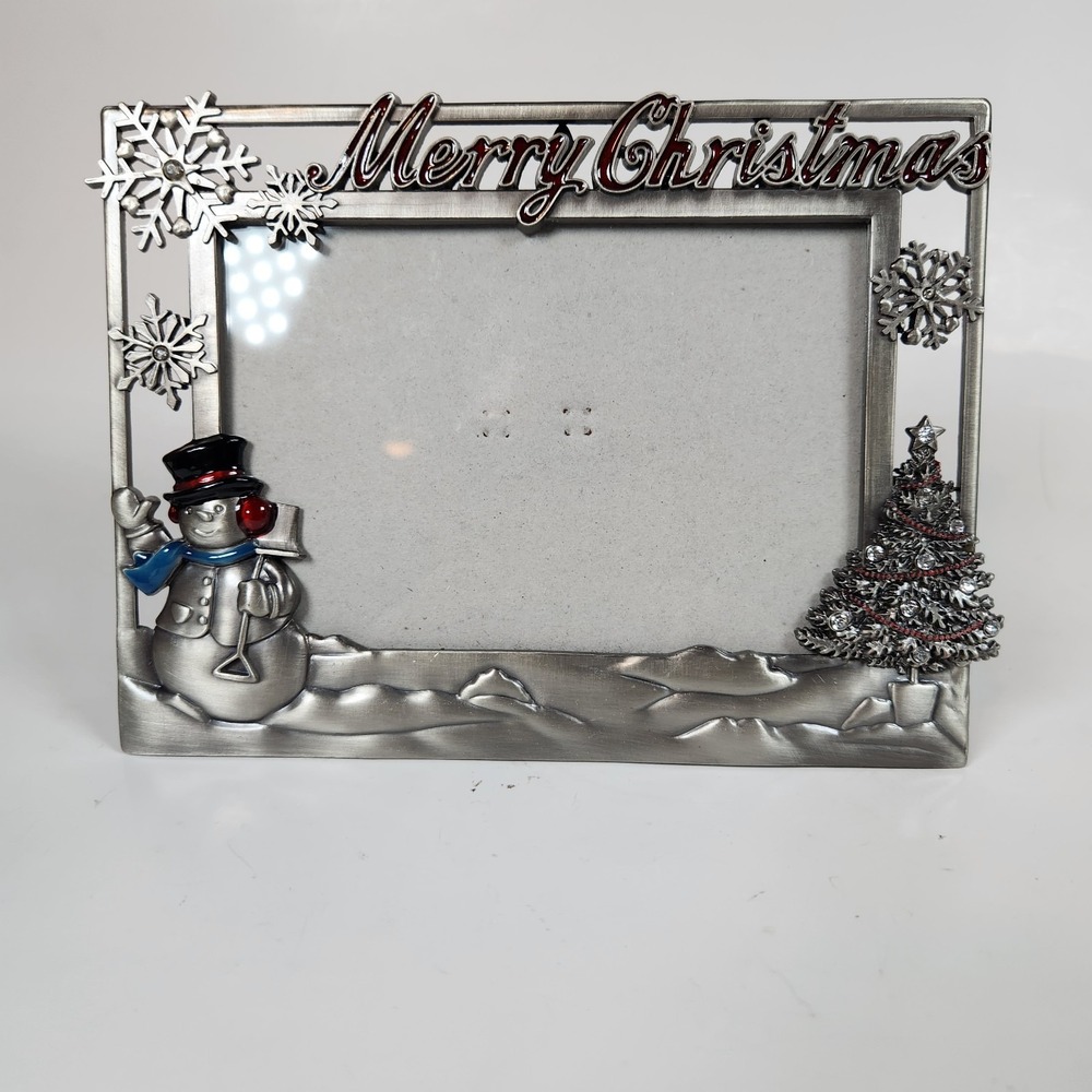 Enameled Pewter Merry Christmas Picture Frame Snowman Winter Wonderland 3D 4 X 6